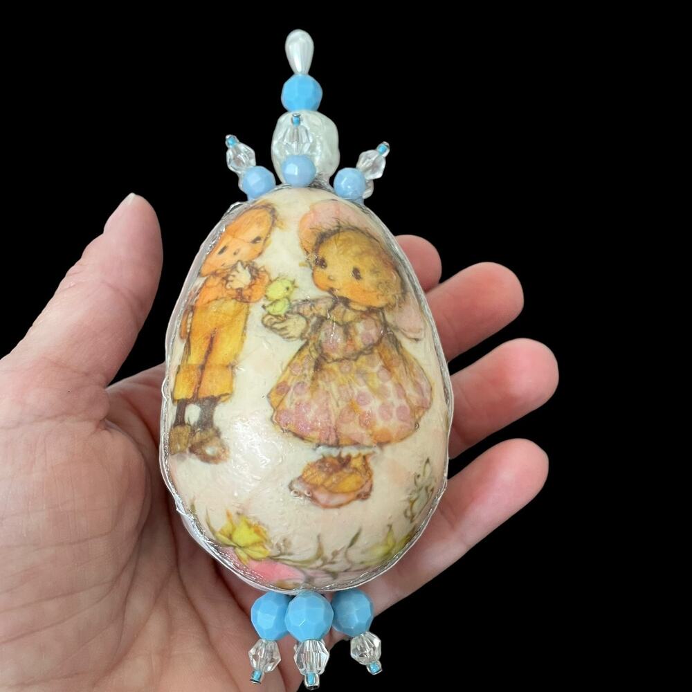 Vintage Decoupage Ornament Holly Hobbie? Handmade 70's Beaded Christmas Holiday